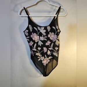 Express bodysuit sheer embroidered floral front & back spaghetti straps sz M